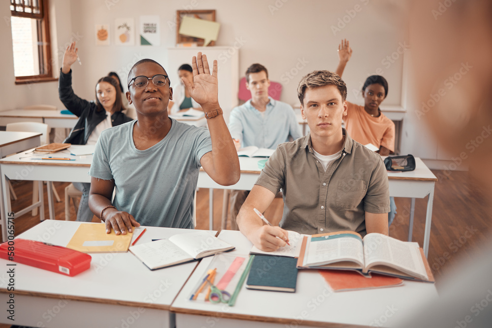 Poster classroom, knowledge question and students hands with exam learning problem, education fail or langu