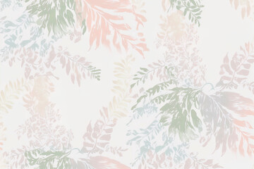 Botanical pattern, pastel color palette light, transparent floral set isolated on light background, tropical leaves, collage style, abstract art tropical leaves background, generative ai