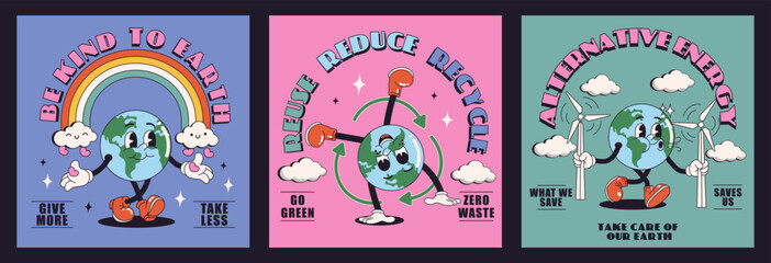 Collage vintage motivation poster or card design template with walking happy cute Earth planet character mascot with slogan of save Earth caption for t shirt print. Set in modern cartoon style