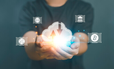 Business man Hand holding virtual cloud computing with Global Internet connection. Big data application technology and digital marketing, Financial and banking, Digital link, Cloud Networking service.