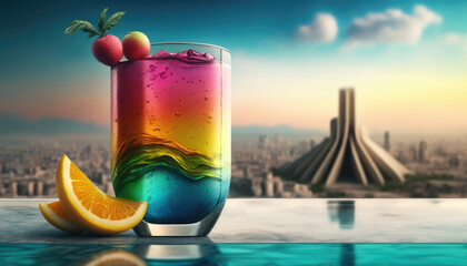 Cocktail on the edge of the pool overlooking the city, luxury holiday concept created with generative AI technology