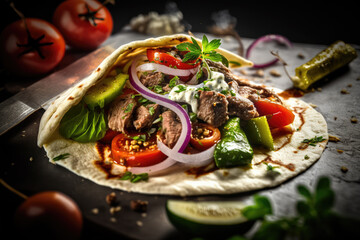 Gyro popular dish in Greece, with thinly sliced roast beef served in a pita bread with tomato, onion and tzatziki sauce. - obrazy, fototapety, plakaty
