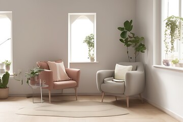 Stylish Armchair and Diffrent Potted Plants, Big Window, Minimalist Interior Design