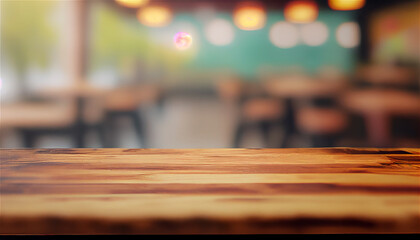 Empty Wooden top over defocused  cafe interior, Generative AI