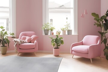 Stylish Armchair and Diffrent Potted Plants, Big Window, Minimalist Interior Design