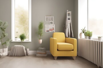 Stylish Armchair and Diffrent Potted Plants, Big Window, Minimalist Interior Design