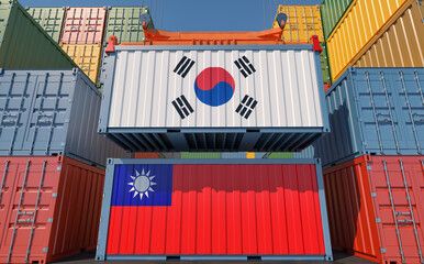 Cargo containers with Taiwan and South Korea national flags. 3D Rendering 