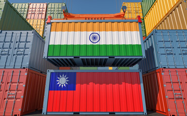 Cargo containers with Taiwan and India national flags. 3D Rendering 