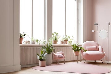 Stylish Armchair and Diffrent Potted Plants, Big Window, Minimalist Interior Design