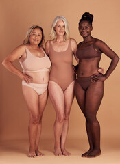 Body positive, support and portrait of diversity women happy with self love, natural beauty and...