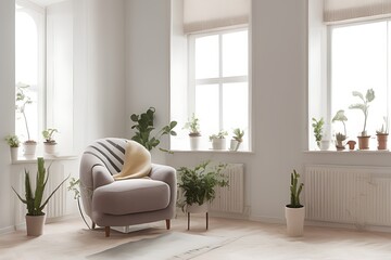 Stylish Armchair and Diffrent Potted Plants, Big Window, Minimalist Interior Design