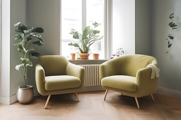Stylish Armchair and Diffrent Potted Plants, Big Window, Minimalist Interior Design
