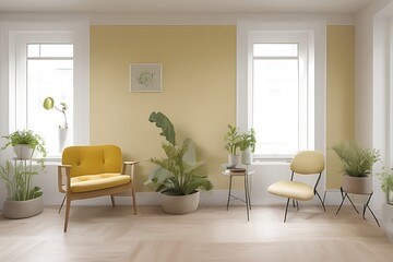 Stylish Armchair and Diffrent Potted Plants, Big Window, Minimalist Interior Design