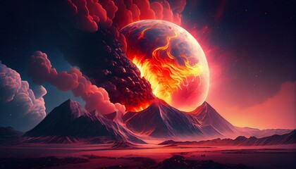 A surreal image of a planet with a massive volcano erupting, with ash and lava spewing into space. Generative AI