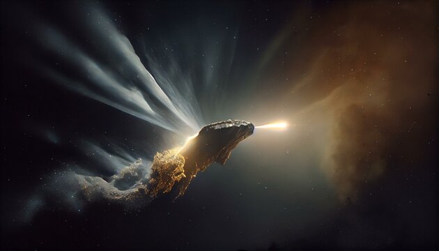 A dramatic shot of a spacecraft flying through the tail of a comet, with glowing gas and dust all around. Generative AI