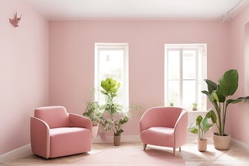 Stylish Armchair and Diffrent Potted Plants, Big Window, Minimalist Interior Design