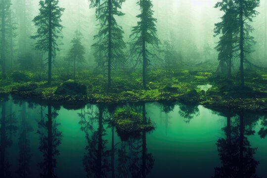 green lake in forest, morning fog, generative ai