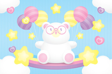 cute kawaii white little bear wears glasses on colorful pastel rainbow with stars and balloons graphic illustration vector