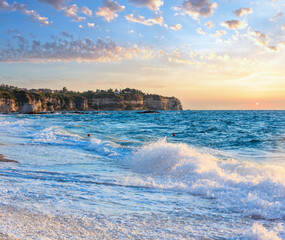 Fototapeta na wymiar Tropea town beach, Calabria, Italy, Tyrrhenian Sea. People unrecognizable.