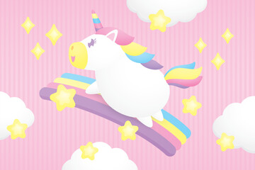 cute kawaii unicorn is running on colorful rainbow with cloud and stars graphic element on sweet pastel pink background illustration vector