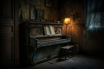 Fototapeta na wymiar Old piano in very old room