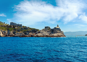 Medieval fisherman town of Portovenere (UNESCO Heritage Site) view from sea (near Cinque Terre,...