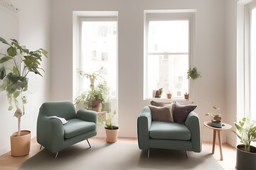 Stylish Armchair and Diffrent Potted Plants, Big Window, Minimalist Interior Design