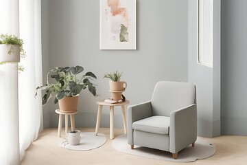 Stylish Armchair and Diffrent Potted Plants, Big Window, Minimalist Interior Design