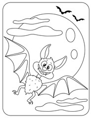 Halloween. Funny bat in the sky. Moon, clouds. Vector black and white illustration. Coloring.