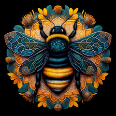Colorful ornate bumblebee mandala art on a black background. Created with Generative AI technology.