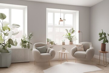 Fototapeta na wymiar Stylish Armchair and Diffrent Potted Plants, Big Window, Minimalist Interior Design