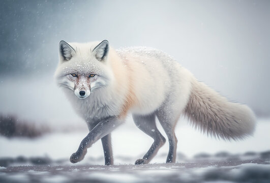 White Fox Walking in Snowy Weather .AI generated Illustration.