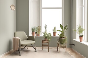 Fototapeta na wymiar Stylish Armchair and Diffrent Potted Plants, Big Window, Minimalist Interior Design
