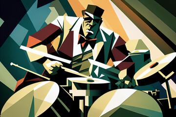 Afro-American male jazz musician drummer playing drums in an abstract geometric cubist style painting for a poster or flyer, computer Generative AI stock illustration image