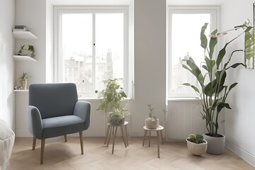 Stylish Armchair and Diffrent Potted Plants, Big Window, Minimalist Interior Design