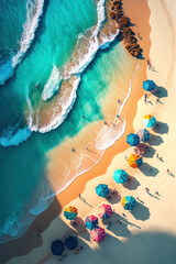 Aerial view on sand beach with colorful umbrellas at sunset.AI generated Illustration.