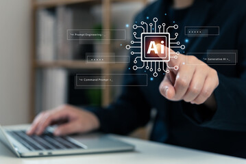 Businessman using laptop chat with AI tech concept, connecting smart robot AI, enter command prompt for generate idea, prompt engineering, futuristic technology transformation, fast solve problem.