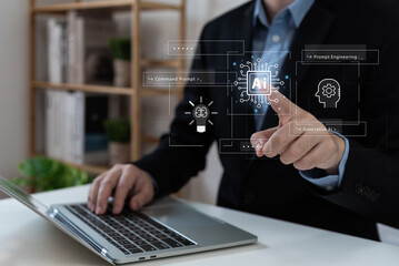 Businessman using laptop chat with AI tech concept, connecting smart robot AI, enter command prompt...