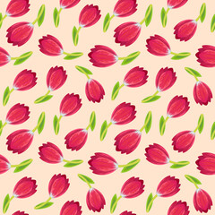 Seamless spring background with pink tulips on a light background. Vector background with plant elements. Pattern with tulips. Endless texture for easter and spring design or greeting cards
