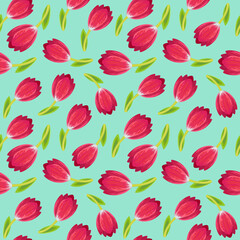 Seamless spring background with pink tulips on a blue background. Vector background with plant elements. Pattern with tulips. Endless texture for easter and spring design or greeting cards