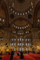 Interior of Fatih Mosque, Ottoman mosque in the Fatih district of Istanbul, with a huge decorated domes. Arabic text as decor (verses from Koran, muslim Holy book). Vertical shot. Istanbul, Turkey