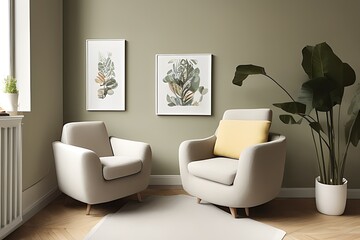 Stylish Armchair and Diffrent Potted Plants, Big Window, Minimalist Interior Design