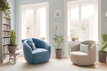 Stylish Armchair and Diffrent Potted Plants, Big Window, Minimalist Interior Design