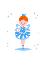 Beautiful, lovely, little ballerina girl with red hair and magic wand. Flat vector illustration.