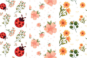 seamless pattern with ladybugs, floral pattrens set © Карина Нечваль