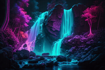 Fototapeta na wymiar Digital art depicting a neon waterfall. Water illuminated by multicolored light. Generative AI.