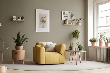 Fototapeta premium Stylish Armchair and Diffrent Potted Plants, Big Window, Minimalist Interior Design