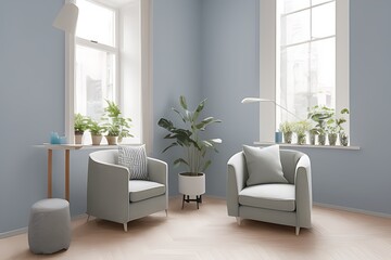 Fototapeta premium Stylish Armchair and Diffrent Potted Plants, Big Window, Minimalist Interior Design
