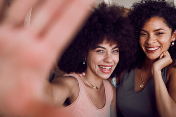 Selfie, face and friends smile and happy reunion, laugh and being funny together. Social media, picture and women with photo and happiness, afro and internet post online, beauty and friendship