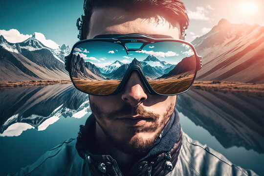 Adventure and natural travel in the wondrous mountain landscape and beautiful sky concept portrayed by young man wearing sunglasses with reflection of the nature environment by Generative AI.